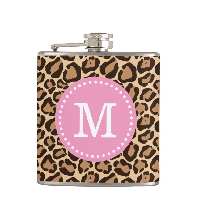 Pink and Leopard Print Custom Monogram Hip Flask (Front)
