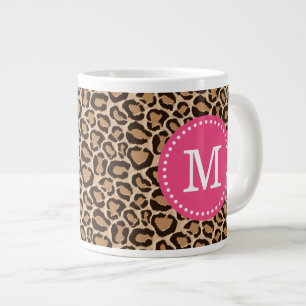 Pink and Leopard Print Custom Monogram Large Coffee Mug