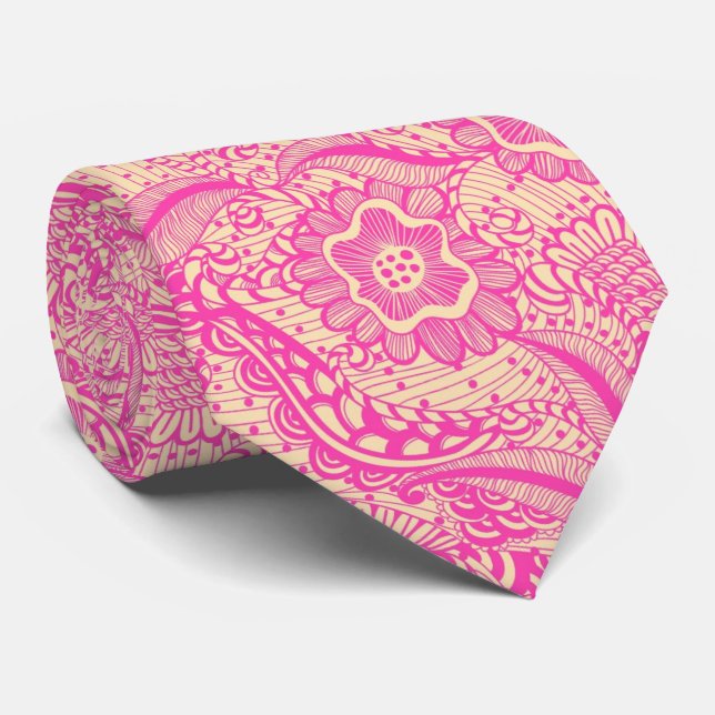 Pink And Light Beige Girly Abstract Floral Tie (Rolled)