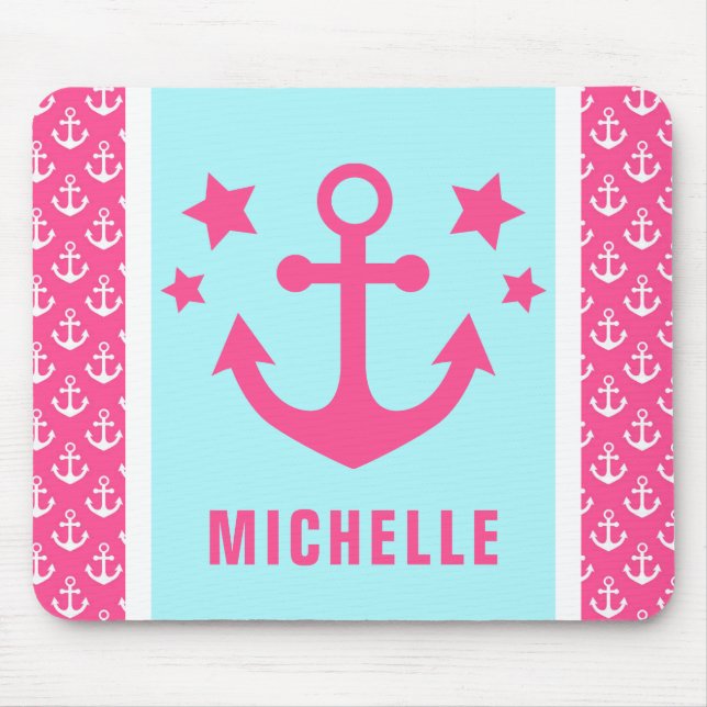 Pink and Light Blue Anchors Nautical Pattern Mouse Pad (Front)