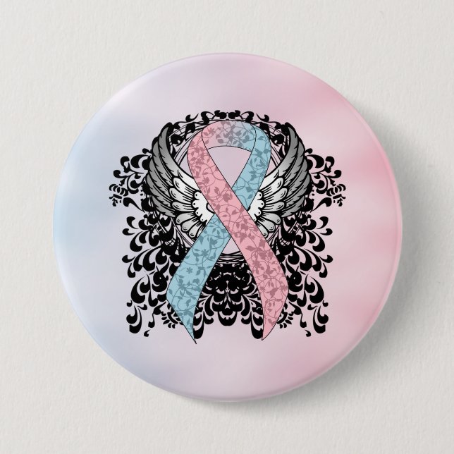Pink and Light Blue Awareness Ribbon with Wings 7.5 Cm Round Badge (Front)