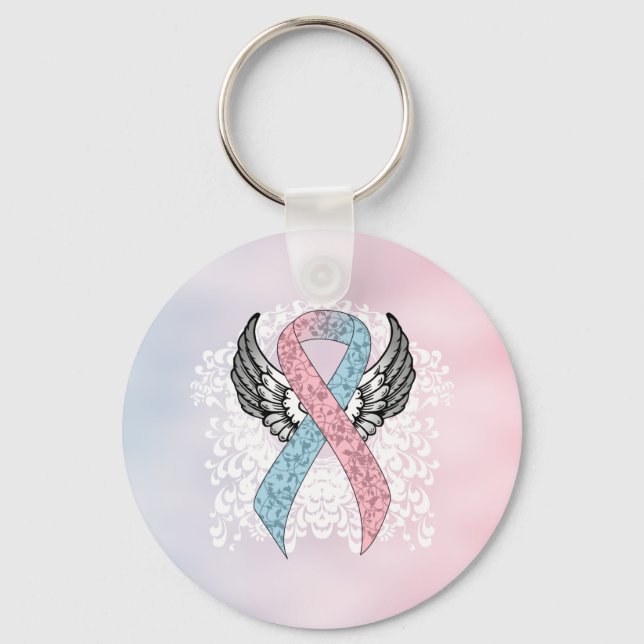 Pink and Light Blue Awareness Ribbon with Wings Key Ring (Front)