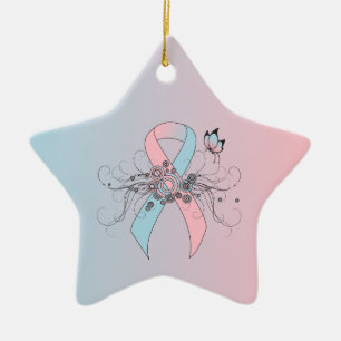Pink and Light Blue Ribbon with Butterfly Ceramic Tree Decoration