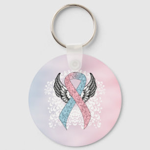 Pink and Light Blue Ribbon with Wings Key Ring