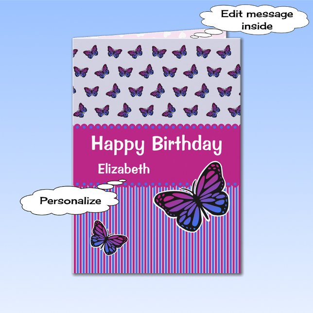 Pink and lilac butterfly name birthday card (Creator Uploaded)