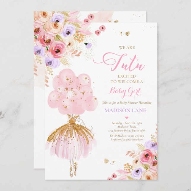 Pink And Lilac Floral Ballerina Baby Shower Invitation (Front/Back)