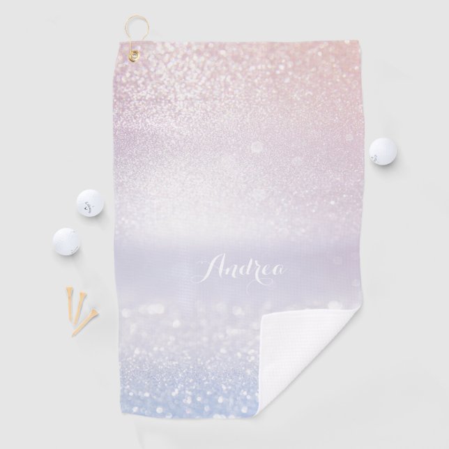 Pink and Lilac Glitter Bokeh Modern Personalised Golf Towel (InSitu)