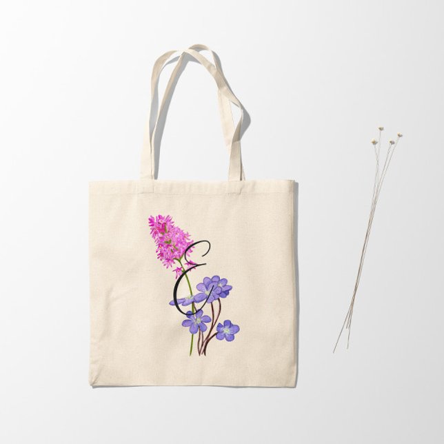 Pink and lilac wildflowers with initial 1 side tote bag (Beautiful bag with hand-painted flowers and personalized initial)