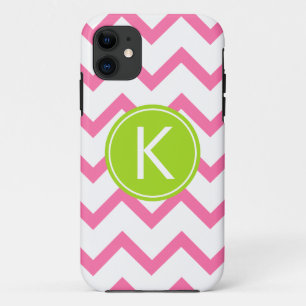Pink and Lime Chevron Stripes Monogram Case