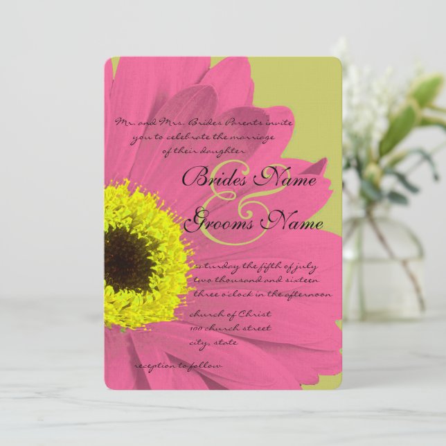 Pink and Lime Gerber Daisy Wedding Invitation (Standing Front)