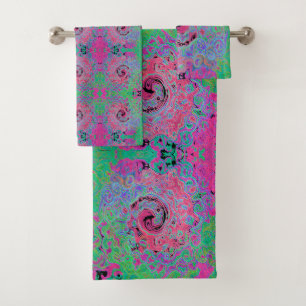 Pink and Lime Green Groovy Abstract Retro Swirl Bath Towel Set