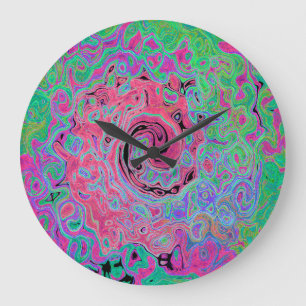Pink and Lime Green Groovy Abstract Retro Swirl Large Clock