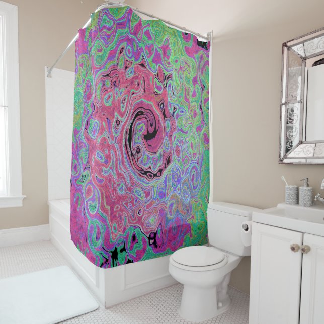 Pink and Lime Green Groovy Abstract Retro Swirl Shower Curtain (In Situ)
