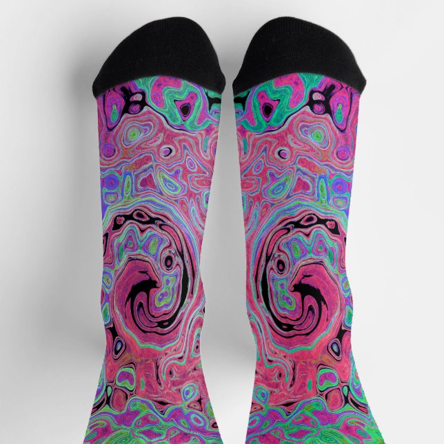 Pink and Lime Green Groovy Abstract Retro Swirl Socks (Top)
