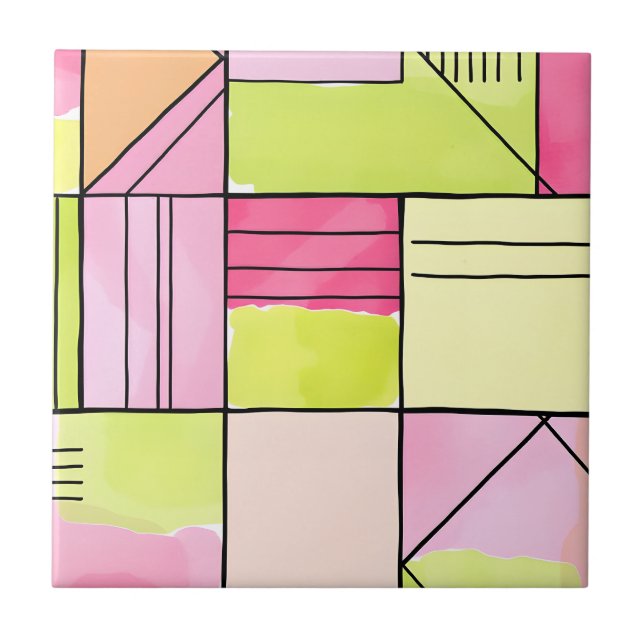 Pink and Lime-Green Patchwork Abstract Ceramic Tile (Front)