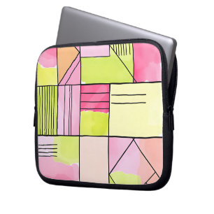 Pink and Lime-Green Patchwork Abstract Laptop Sleeve