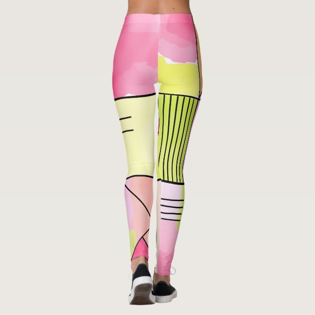 Pink and Lime-Green Patchwork Abstract Leggings (Back)