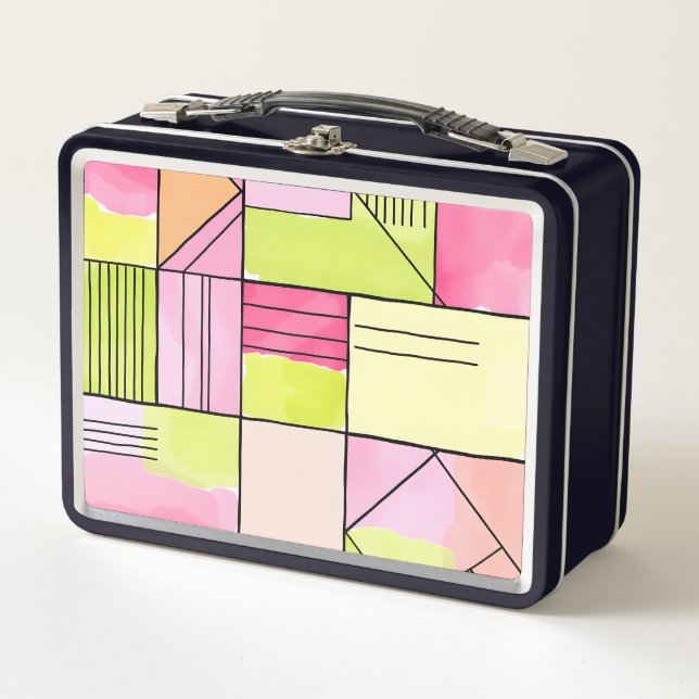 Pink and Lime-Green Patchwork Abstract Metal Lunch Box (Front)