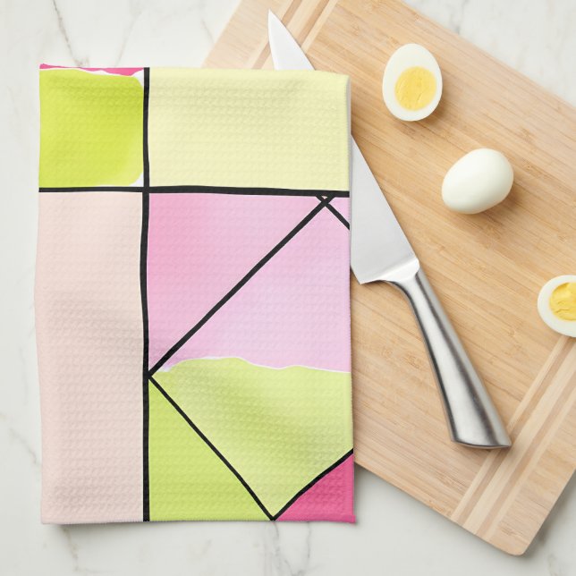 Pink and Lime-Green Patchwork Abstract Tea Towel (Quarter Fold)