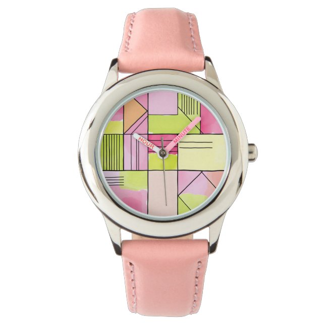 Pink and Lime-Green Patchwork Abstract Watch (Front)