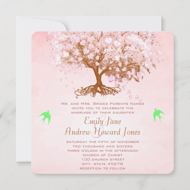 Pink and Lime Heart Leaf Tree Wedding Invitations (Front)