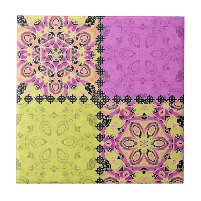 Pink and lime , patchwork ceramic tile (Front)