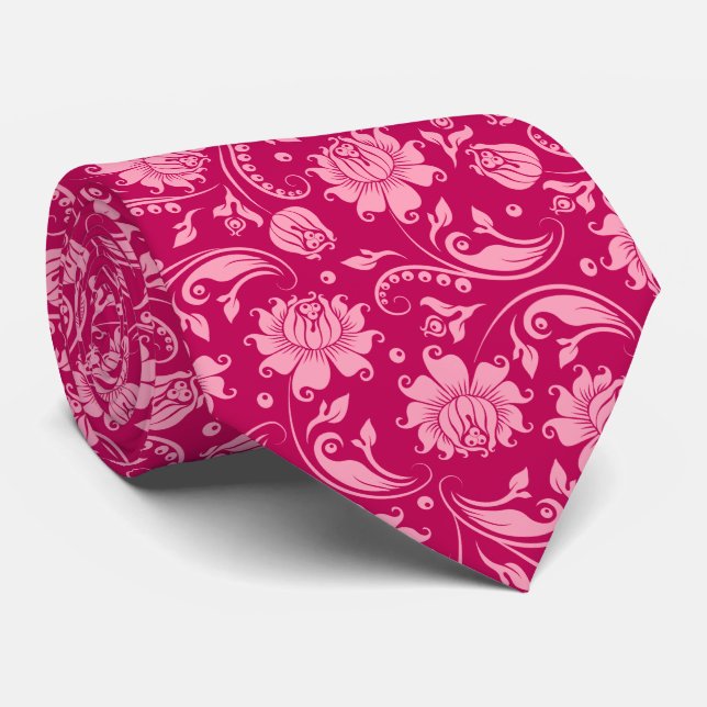 Pink And Magenta Floral Damask Pattern Tie (Rolled)