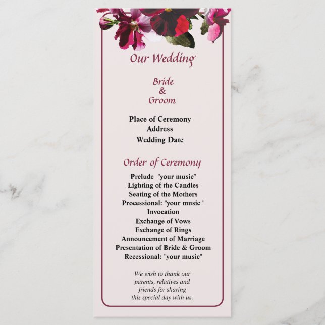 Pink and Magenta Pansies Wedding Program (Front)