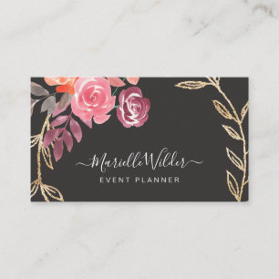 Pink And Marsala Floral Gold Foliage Event Planner Business Card