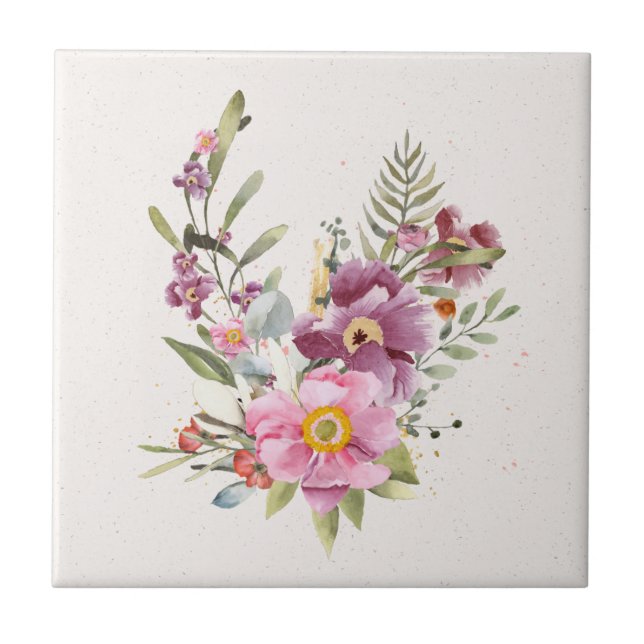 Pink and Mauve Floral Accent Ceramic Tile (Front)