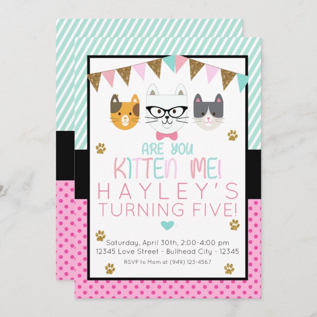 Pink and Mint Are You Kitten Me Cat Birthday Invitation (Front/Back)