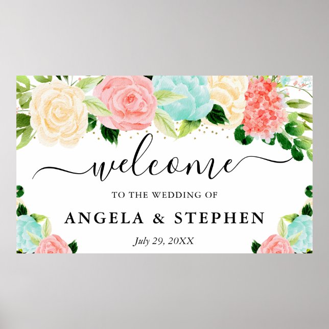 Pink and Mint Boho Flowers Wedding Welcome Poster (Front)