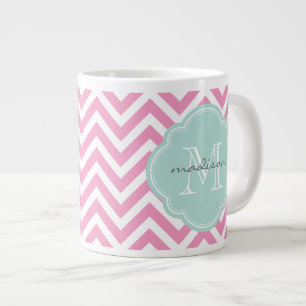 Pink and Mint Chevron Custom Monogram Large Coffee Mug