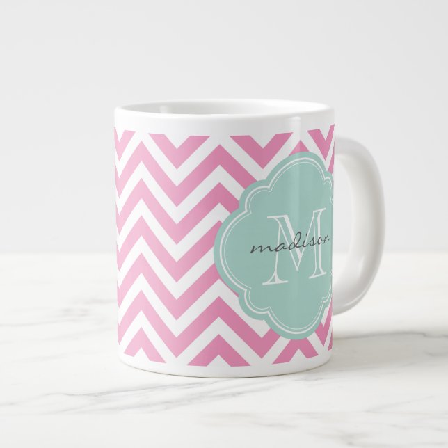 Pink and Mint Chevron Custom Monogram Large Coffee Mug (Front Right)