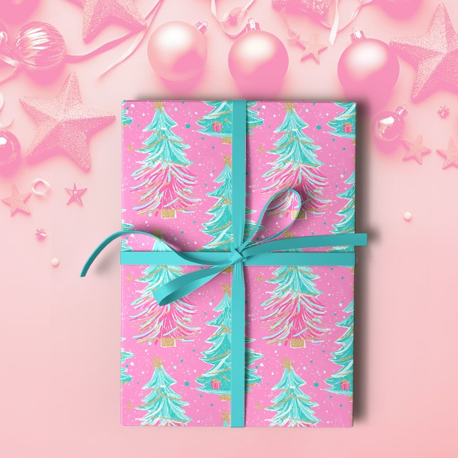 Pink and Mint Christmas Gift Trees  Wrapping Paper (Creator Uploaded)