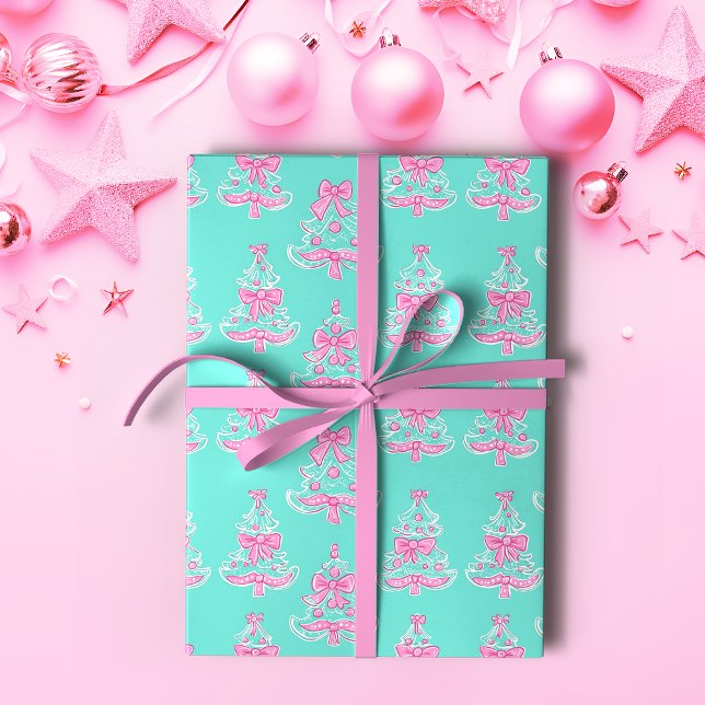 Pink and Mint Coquette Christmas Trees  Wrapping Paper (Creator Uploaded)