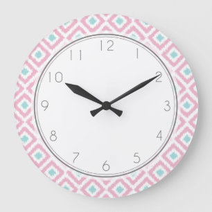 Pink and Mint Diamond Ikat Pattern Large Clock