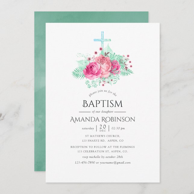 Pink and Mint Floral Baptism or Christening Invitation (Front/Back)