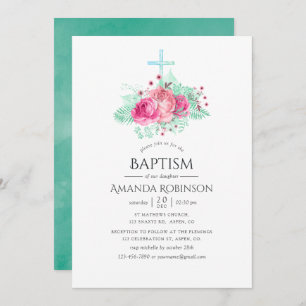Pink and Mint Floral Baptism or Christening Invitation