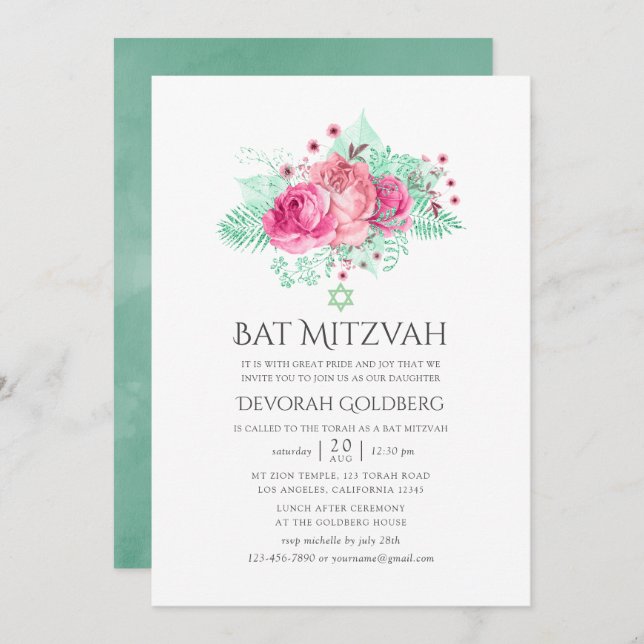 Pink and Mint Floral Bat Mitzvah Invitation (Front/Back)