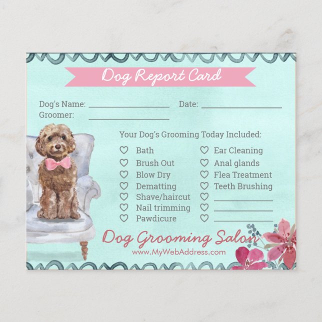 Pink and Mint Floral Dog Grooming Report Card  (Front)