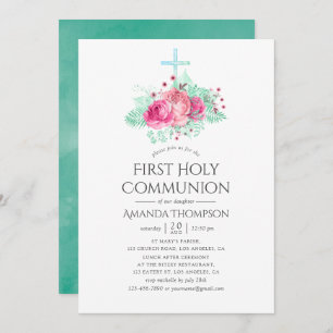 Pink and Mint Floral First Holy Communion Invitation