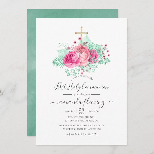 Pink and Mint Floral First Holy Communion Invitation (Front/Back)