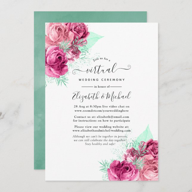 Pink and Mint Floral Online Virtual Wedding Invitation (Front/Back)