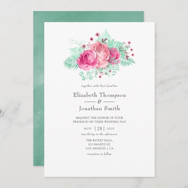 Pink and Mint Floral Wedding Invitation (Front/Back)