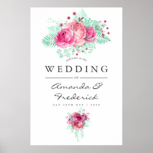 Pink and Mint Floral Wedding Welcome Poster