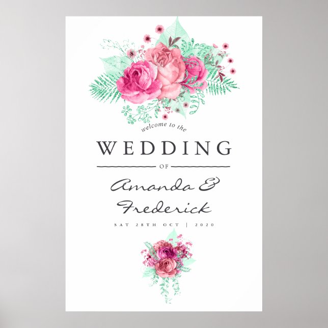 Pink and Mint Floral Wedding Welcome Poster (Front)