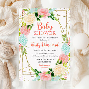 Pink and Mint Flowers Frame Baby Shower Invitation