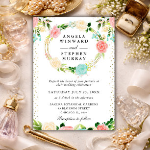 Pink and Mint Flowers Wreath Wedding Invitation