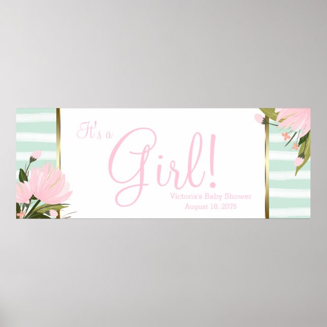 Pink and Mint Green Baby Shower Banner Poster (Front)
